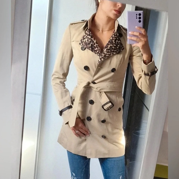 Women’s Coach Trench Coat Tan With  Leopard Print Size Extra Small XS excellent - Picture 1 of 17